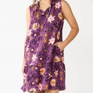 Women’s Plum Floral Sonoma Sleeveless Linen Blend Ruffle Collar V Neck Dress Lg